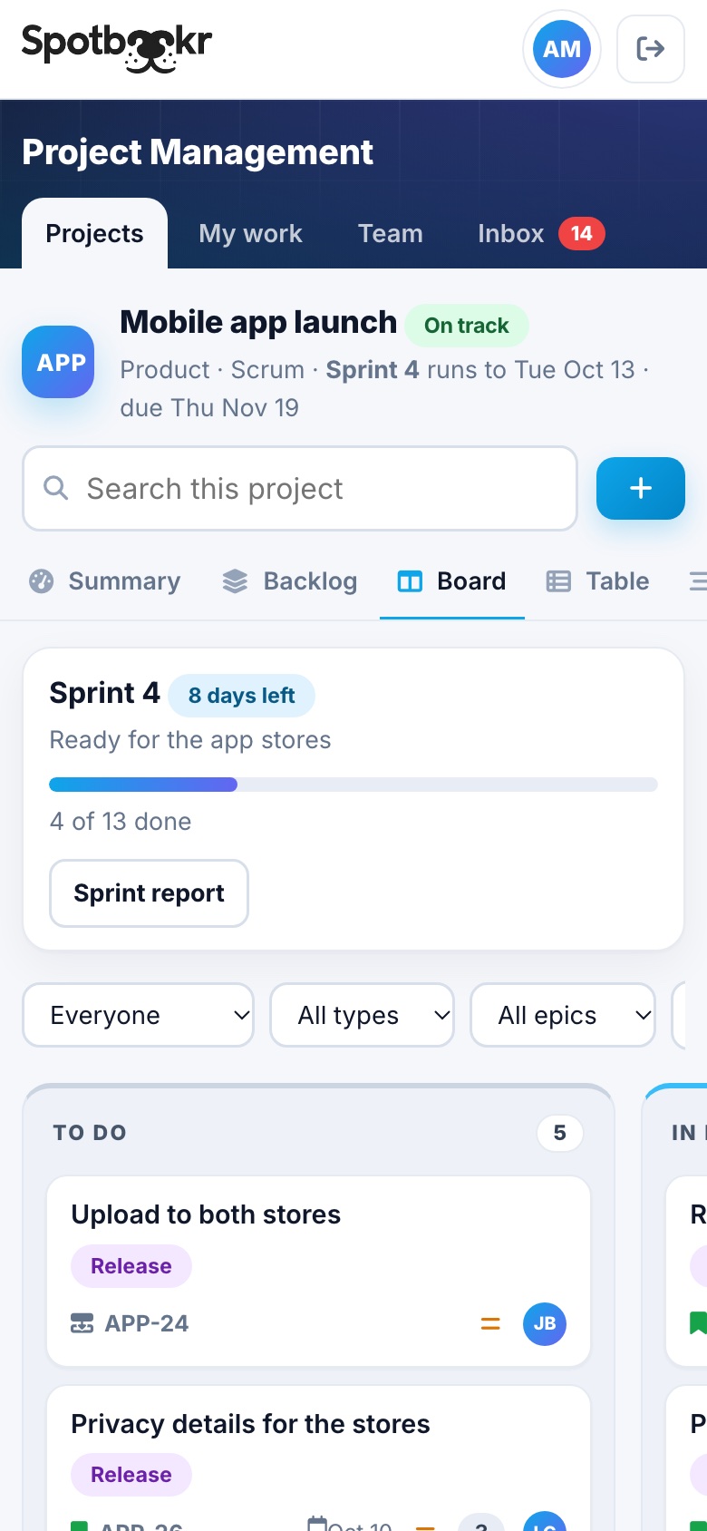 On a phone screen in Project Management