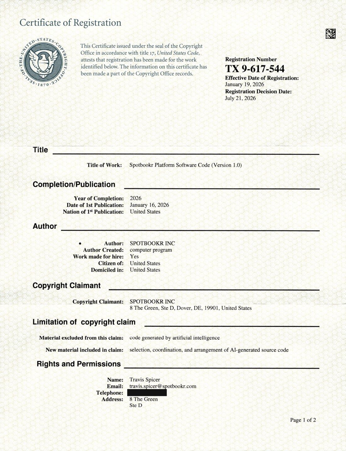 Certificate of Registration TX 9-617-544, page 1 of 2
